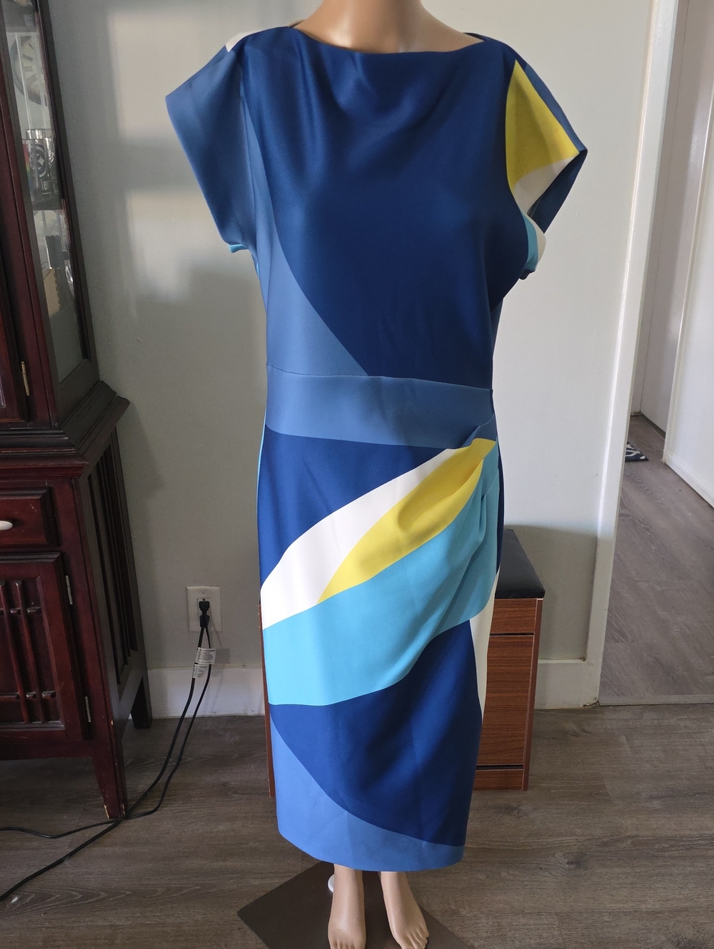 Donna Karan Blue Colorblock Midi Dress with Yellow, White & Light Blue Panels